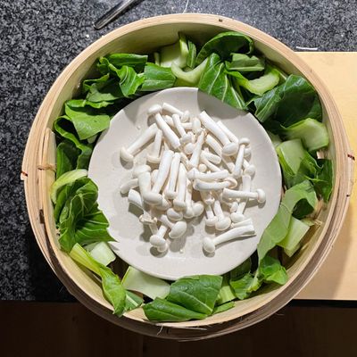 steamed white mushrooms and greens